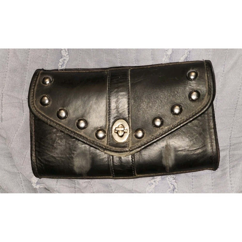 Universal Motorcycle Black Leather Stud STUDDED WINDSHIELD BAG POUCH HD Yamaha